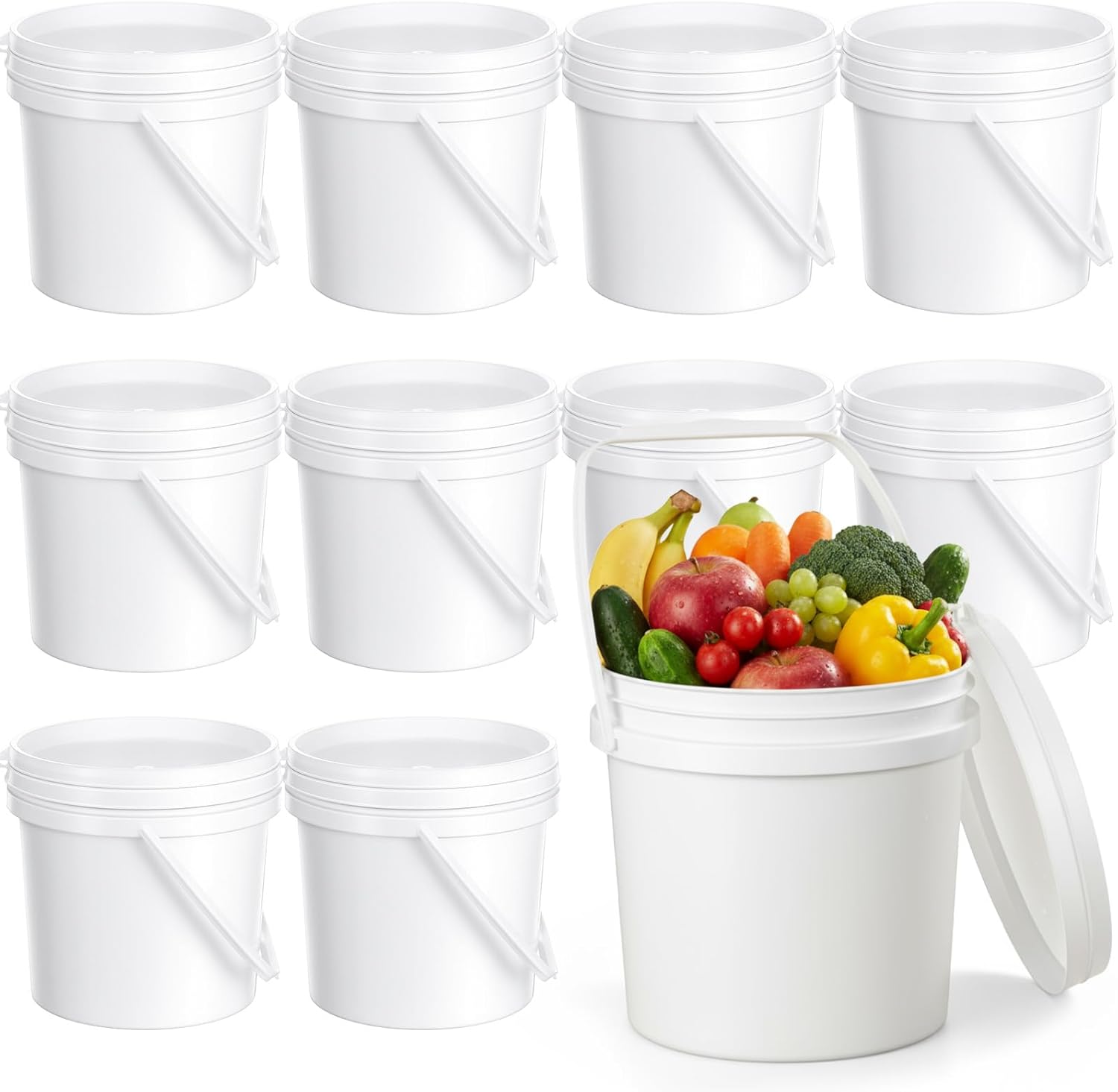 10 PCS White Plastic Bucket with Handle and Lid 0.5 Gallon/2L Food Storage Bucket Containers All Purpose Stackable Pail for Multipurpose Paint Water Art Crafts Projects Garage Organization