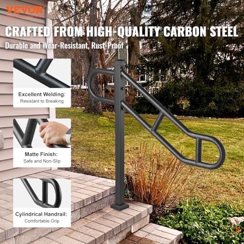 VEVOR Single Post Handrail for Outdoor 1-3 Steps, 40.5" L x 35.4" H Metal Bent Stair Handrails, Floor Mounted Carbon Steel Stair Railing, U-Shaped Post Grab Rails with 2 Anti-Skid Crossbar for Garage