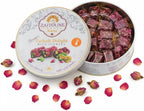 Zaitoune Rose Covered Turkish Delight - 9 oz | Stuffed with Pistachios & Cashews | Coated with Dried Rose Petals | Authentic Luxury Lokum Sweets in Beautiful Gift Tin | Handmade, Individually Wrapped