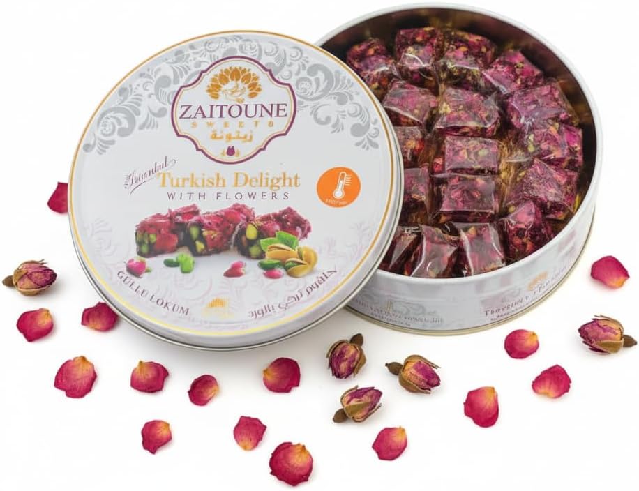 Zaitoune Rose Covered Turkish Delight - 9 oz | Stuffed with Pistachios & Cashews | Coated with Dried Rose Petals | Authentic Luxury Lokum Sweets in Beautiful Gift Tin | Handmade, Individually Wrapped