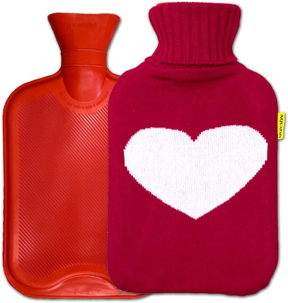 Hot Water Bottle Large Classic Non Toxic Natural Rubber Bag with Heart Red Knit Cover, 2L Pain Relief from Sore Muscle Cramps Injuries Back Pain Warm Cold Therapy, 1/2 Gallon