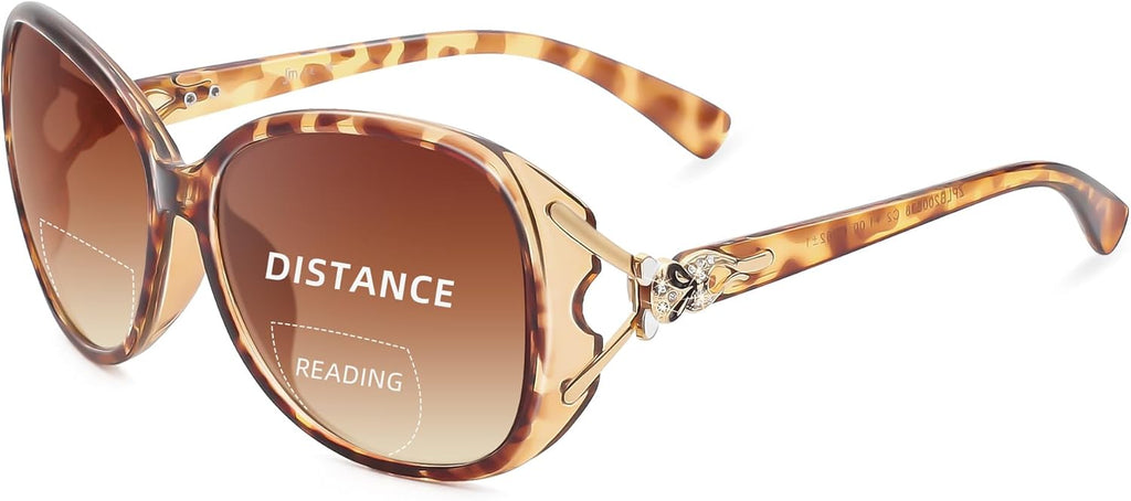 JM Bifocal Reading Sunglasses for Women Fashion Oversized Readers Outdoor Reading Glasses UV400 Protection Tortoise +1.25