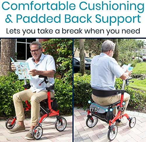 Vive Mobility Rollator Walker with Seat - Senior Easy Drive Folding Frame, Lightweight, Foldable, with Basket Support - Comfort Handles & Thick Backrest - Mobility Aid Accessories