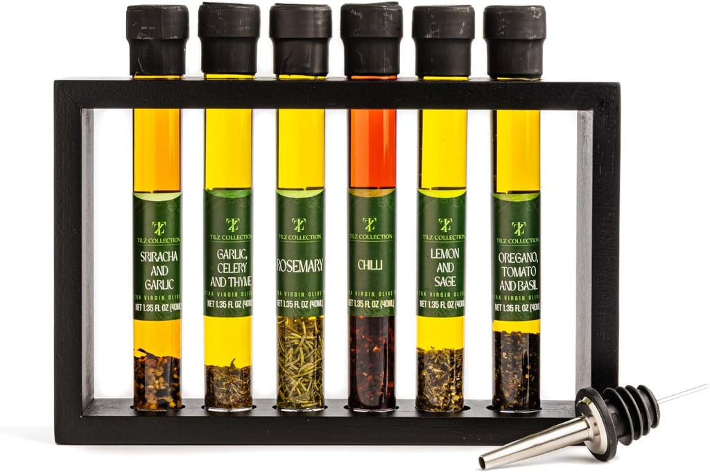 Tilz Infused Olive Oil Gift Set -6x40ml Flavoured, Cooking Oil/Bread dipping oils gift set, |Basil Oil, Garlic Oil, Chilli Oil, Lemon Oil, Rosemary, Oregano|Tomatoes -Cooking Oils Gift Set |Food Gifts