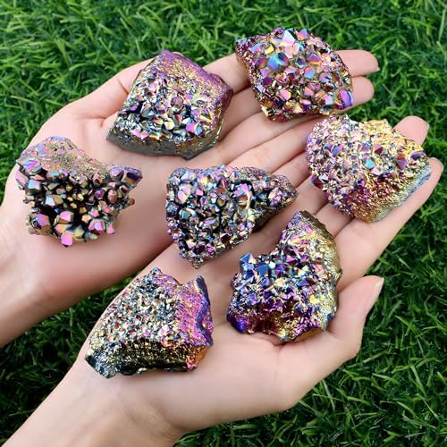 ZHIYUXI Rainbow Crystal Titanium Coated Crystal Cluster Crystal Geode Decor Rainbow Rock Natural Raw Crystal Energy Balance Reiki Wicca Home Decor 1Pc 50-70g