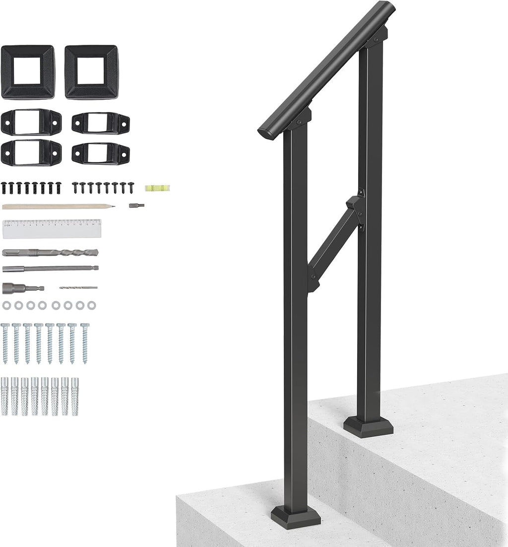VEVOR Handrails for Outdoor Steps, 1 Step Stair Hand Rail Kit, Transitional Carbon Steel Railings with Installation Kit, Stair Rails for Seniors, Concrete Steps & Porch & Deck, Black Square Tube