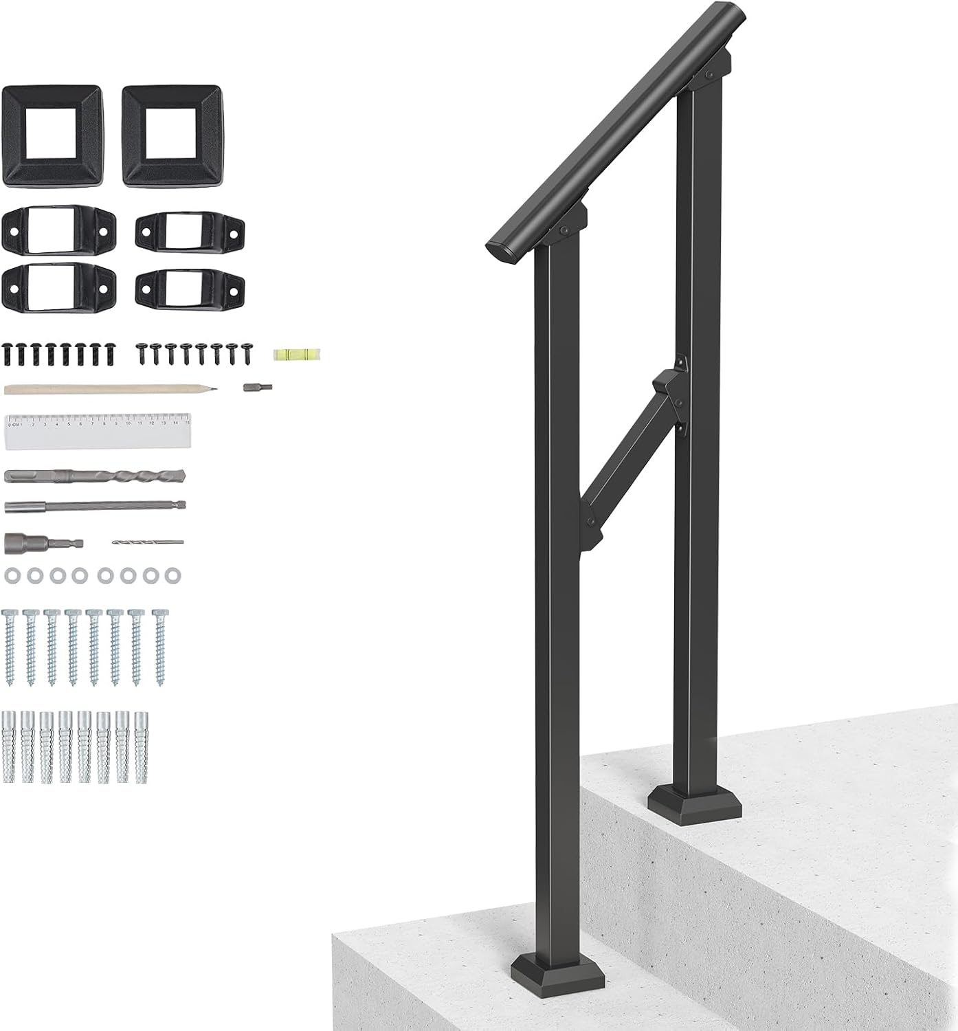 VEVOR Handrails for Outdoor Steps, 1 Step Stair Hand Rail Kit, Transitional Carbon Steel Railings with Installation Kit, Stair Rails for Seniors, Concrete Steps & Porch & Deck, Black Square Tube