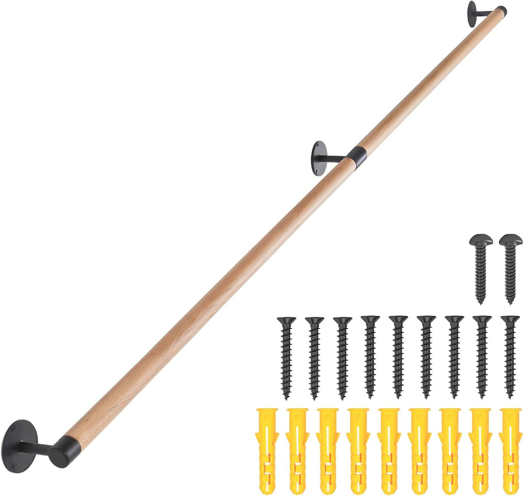 7 FT Wooden Stairs Handrails Wall Mount- Metal Support Wood Staircase Handrails, Interior Stair Railings, Banister Hand Railing, Outdoor Grab Bars Safety Handle for Elderly or Handicap