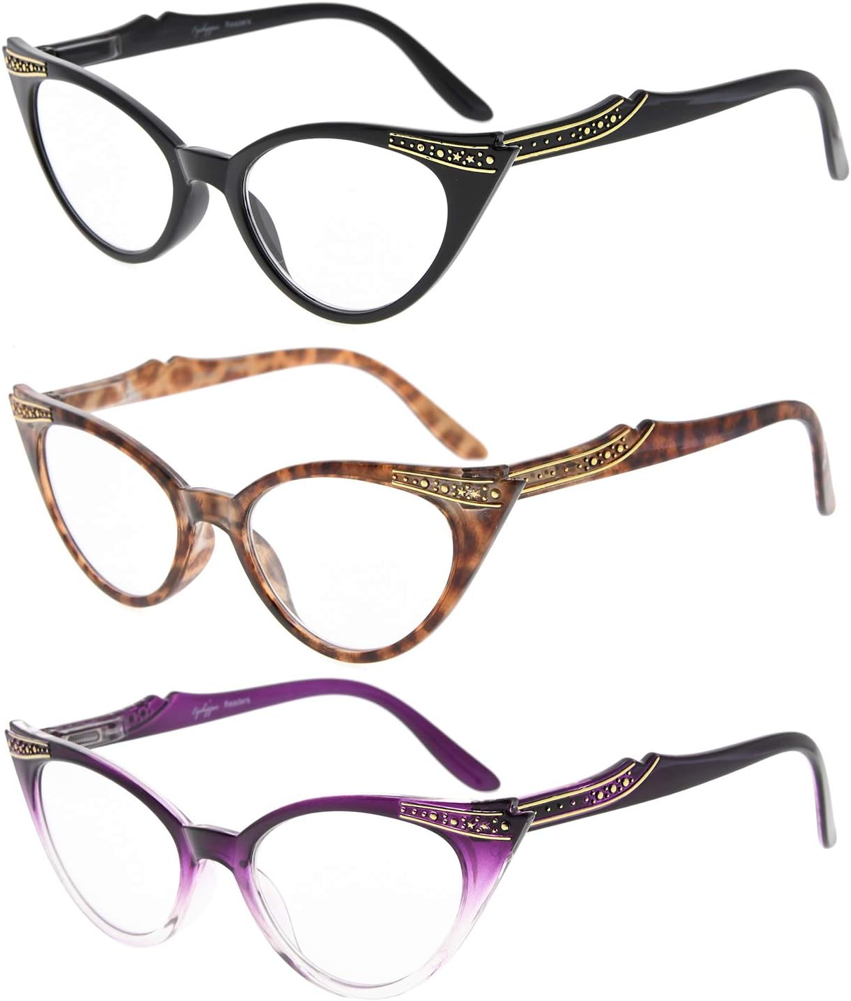 Eyekepper Womens 3 Pairs Reading Glasses Ladies' Vintage Cat Eye Readers (Black/Tortoise/Purple Transparent, 2.00)