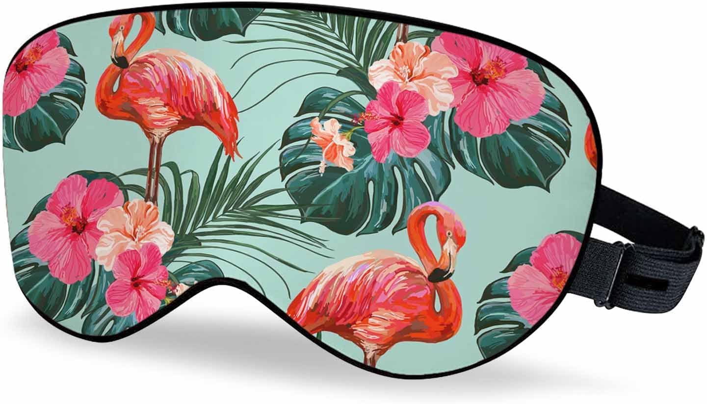 Flamingo Sleep Eye Mask Beautiful Floral Summer Tropical Palm Leaves Hibiscus Men Women Sleep Mask with Adjustable Strap Eye Cover Eye Shade for Travel, Nap,Meditation