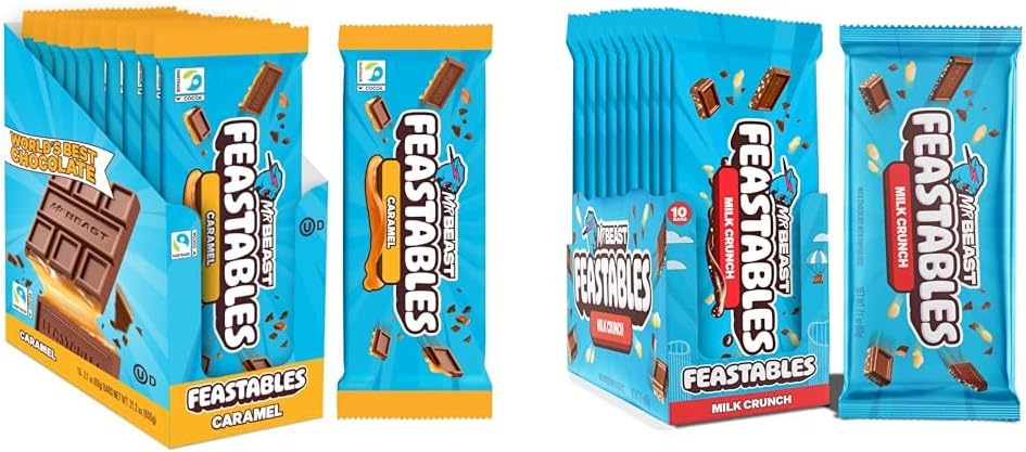 MrBeast Feastables Milk Crunch & Caramel Bars Bundle, King Size, 20 Count, Crispy & Caramel Filled Chocolate Candy, 2.1oz Each