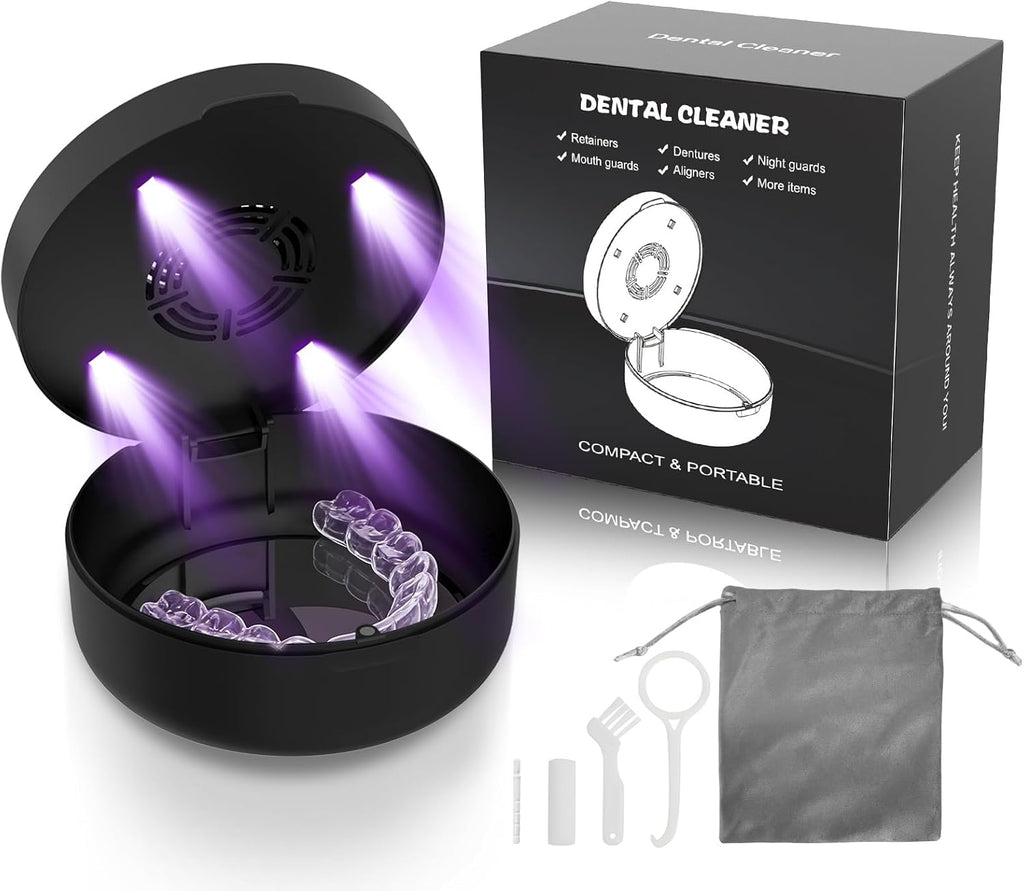 Voraiya UV Retainer Case with Fan, UVC Retainer Cleaner, Aligner Case Includes Vent Holes and Mirror, Portable Retainer Holder Box for Mouth Guard, Aligners, Night Guard, Black