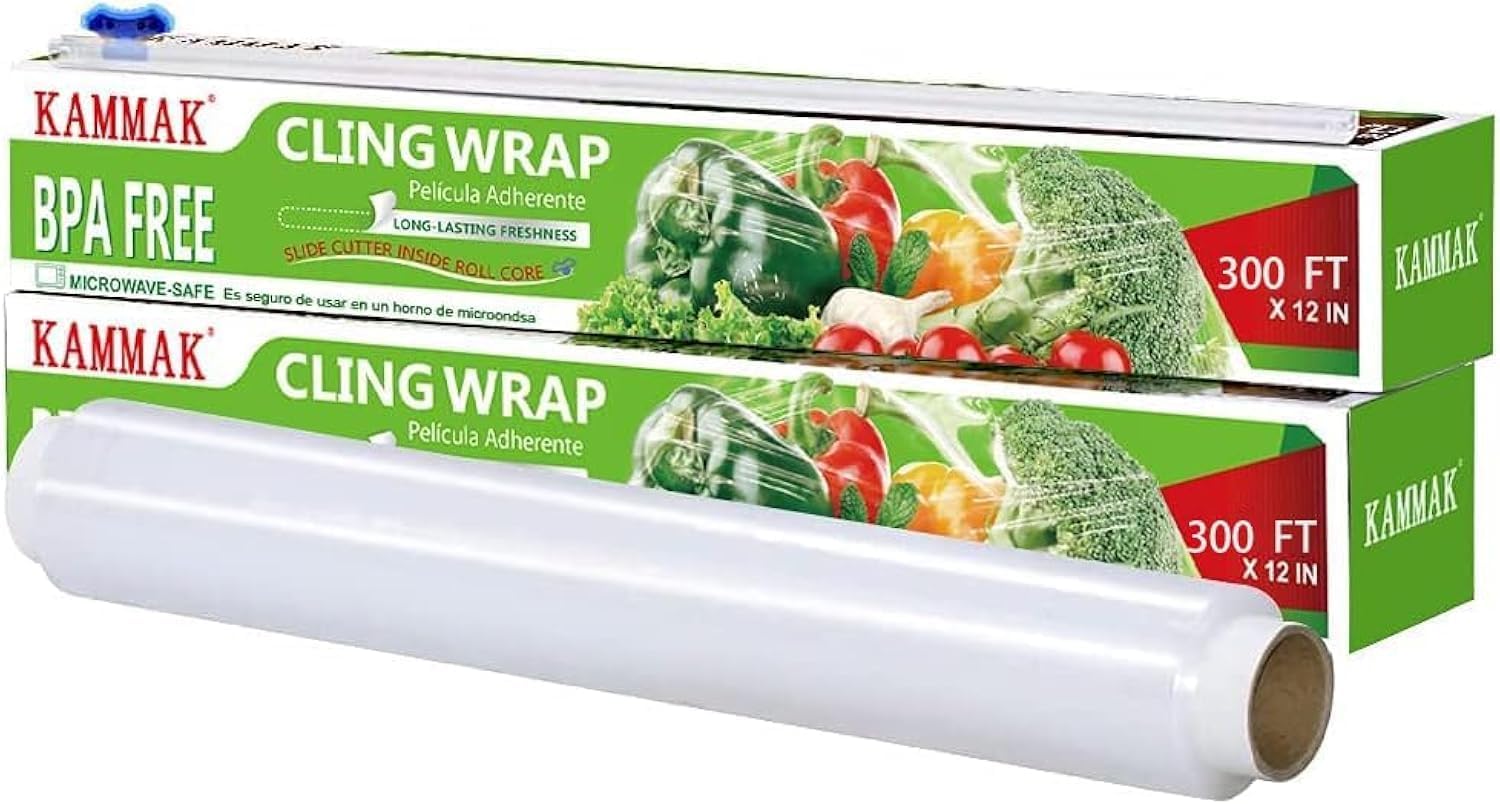 KAMMAK Plastic Wrap, Food Wrap with Slide Cutter, Cling Wrap 12 inch Food Service Clear Cling Film 2 Pack 300 Square FT Roll BPA-Free Microwave-Safe Kitchen Wrap Quick Cut Plastic Film