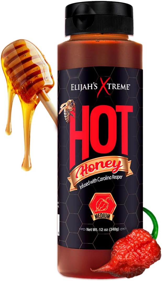 Elijah's Xtreme Hot Honey, 100% All Natural Pure Honey Infused with Carolina Reaper Peppers, Medium Heat Sweet & Spicy Honey Sauce Flavor, 12 oz Bottle