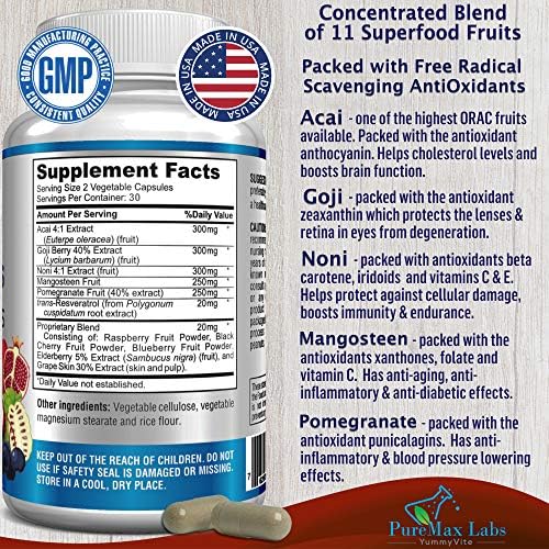 Super Antioxidant Fruit Superfood Complex - Powerful Antioxidant Superfruits, Acai, Goji, Noni, Mangosteen, Pomegranate, Elderberry, Resveratrol, Immune Support, Skin Care - 60 Capsules