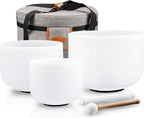 RYAN DVAN Crystal Singing Bowls Set of 3 ¨C 6" B Crown, 8" G Throat, 10" F Heart bowls,Quartz Chakra Sound Bowls for Meditation & Healing, with Case, Mallet & Suede Striker