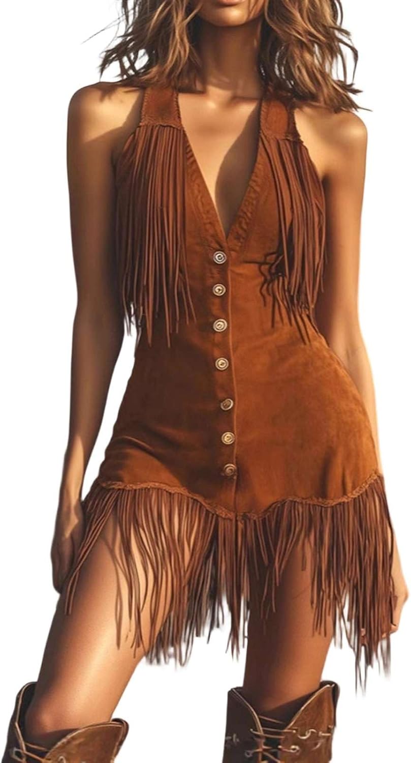 Women's Halter V Neck Fringe Mini Dress Sexy Western Cowgirl Faux Suede Tassel Slim Party Dresses