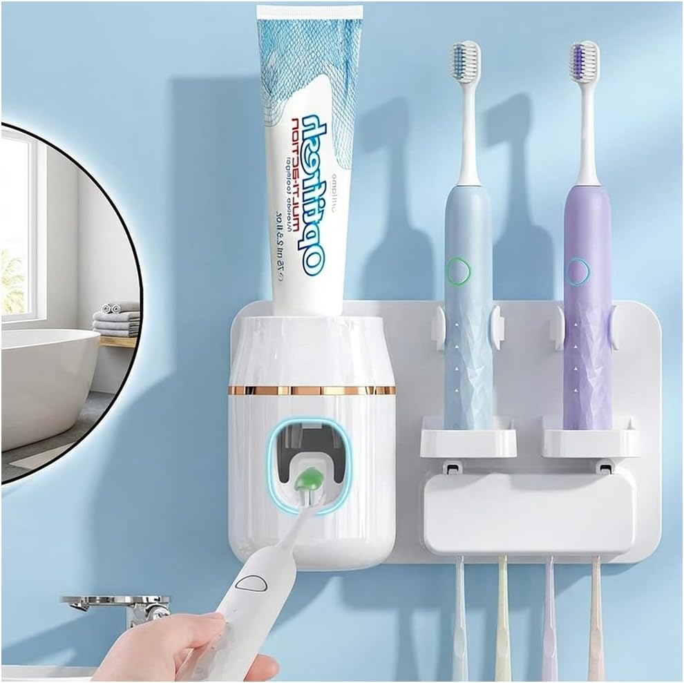 Wall Mounted Toothbrush Holder with Automatic Toothpaste Dispenser, No Drill Bathroom Organizer White