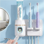 Wall Mounted Toothbrush Holder with Automatic Toothpaste Dispenser, No Drill Bathroom Organizer White