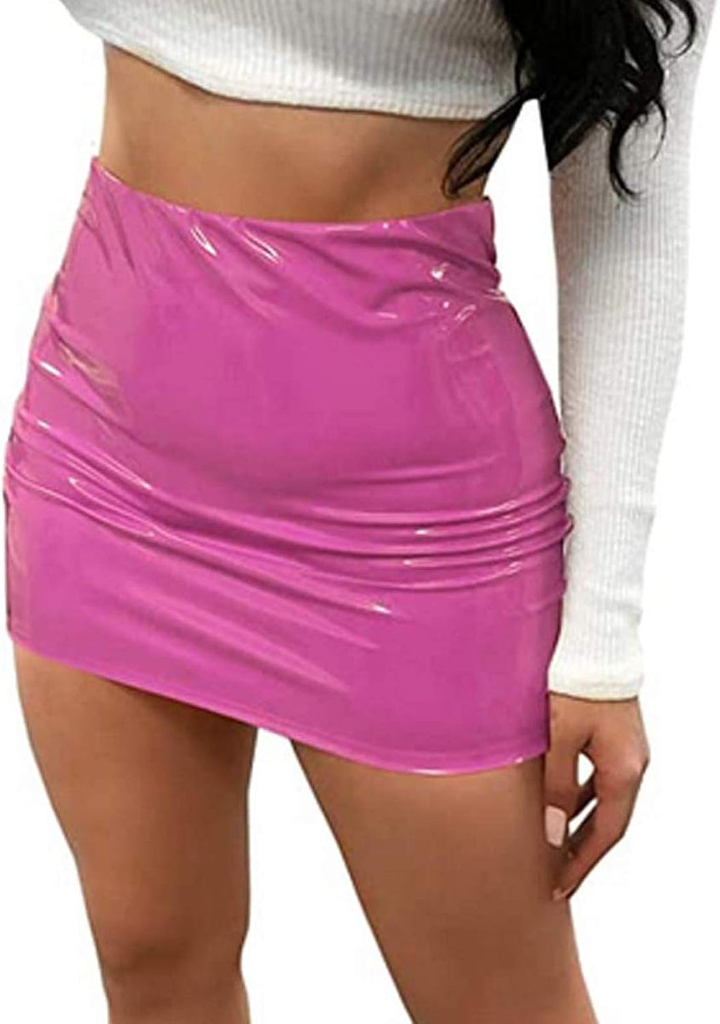 Springcmy Women Neon Leather Bodycon Mini Skirt Skirts Sexy Shiny Liquid Metallic Wet Look Latex Skirt