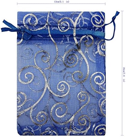 100pcs Sheer Organza Favor Bags For Wedding Baby Shower Rattan Print Gift Bags Samples Display Drawstring Pouches (5x7 inch, blue)