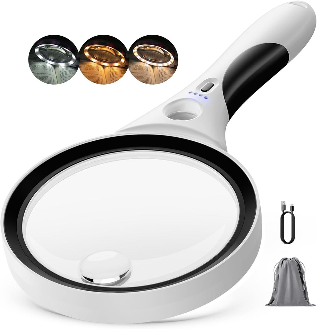 Rechargeable Magnifying Glass with Light, 10X 20X 45X Handheld Lighted Magnifier with 18 LED 3 Modes, 4.3" Anti-Glare Lens Magnifying Glassses for Seniors Reading Coins Close Work (Black)