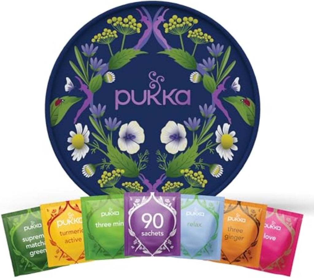Pukka Tea Organic, Herbal Tea Sampler For Everyday Wellness, Best for Birthdays, Anniversaries & Holidays, Caffeine Free, 90 Bags, 6 Flavors