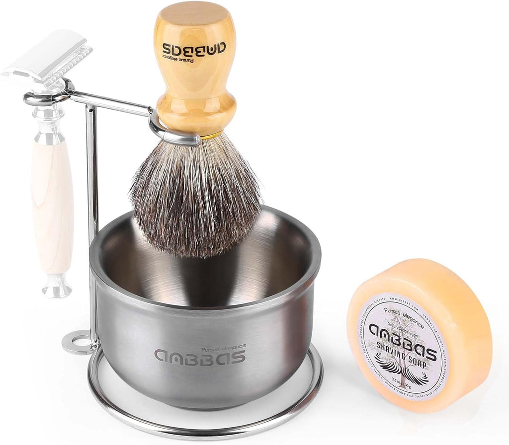 Anbbas Badger Hair Shaving Brush with Wood Handle,Stainless Steel Razor and Brush Stand, Shaving Bowl with Shaving Soap Bar 4in1 Set for Men Wet Shave
