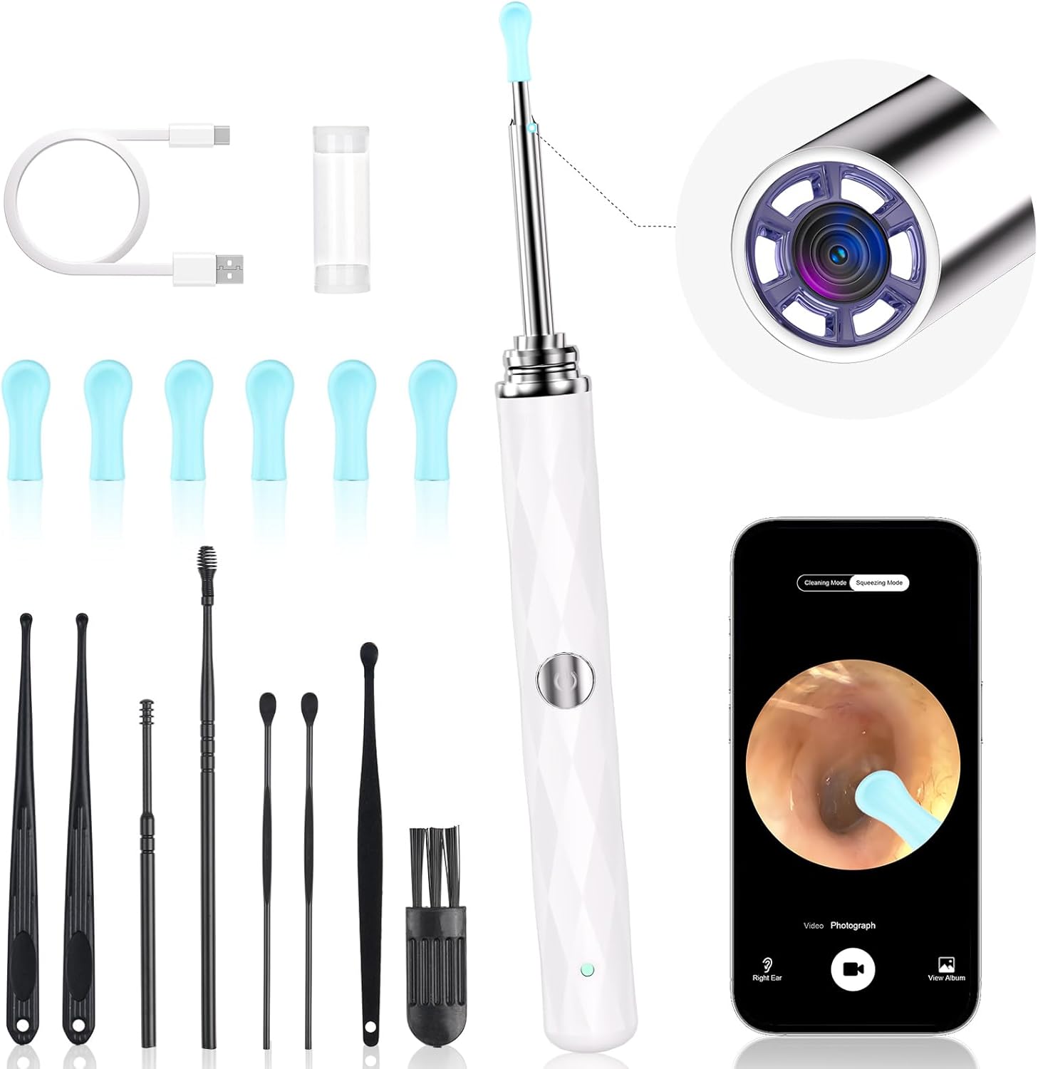 High-Definition Ear Wax Removal, Wireless Ear Cleaner, Safe and Gentle Ear Wax Removal Kit, Rechargeable Ear Cleaner with Camera and Light, Ear Cleaning Kit for Android and iOS (White)