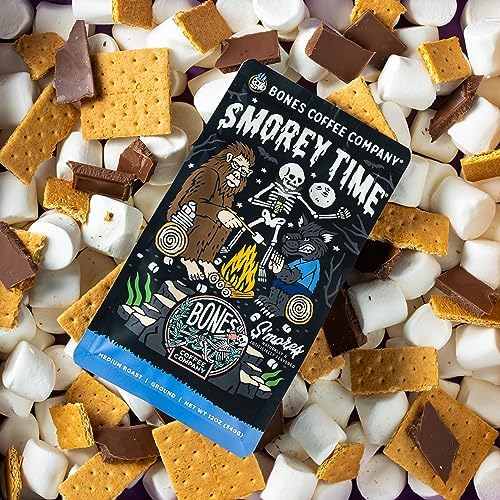 Bones Coffee Company S'morey Time, S'mores and Graham Crackers Flavored Coffee, Medium Roast Low Acid Arabica Beans Compatible with Auto drip and French Press Coffee Maker, 12 Oz Whole Bean