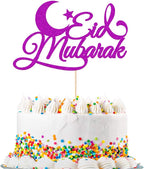 Eid Mubarak Glitter Cake Topper Ramadan Islam Party Decoration Hajj Double Sided Glitter Card(Purple)