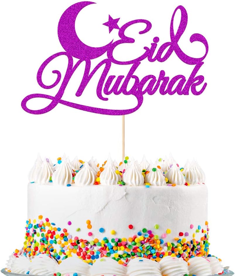 Eid Mubarak Glitter Cake Topper Ramadan Islam Party Decoration Hajj Double Sided Glitter Card(Purple)