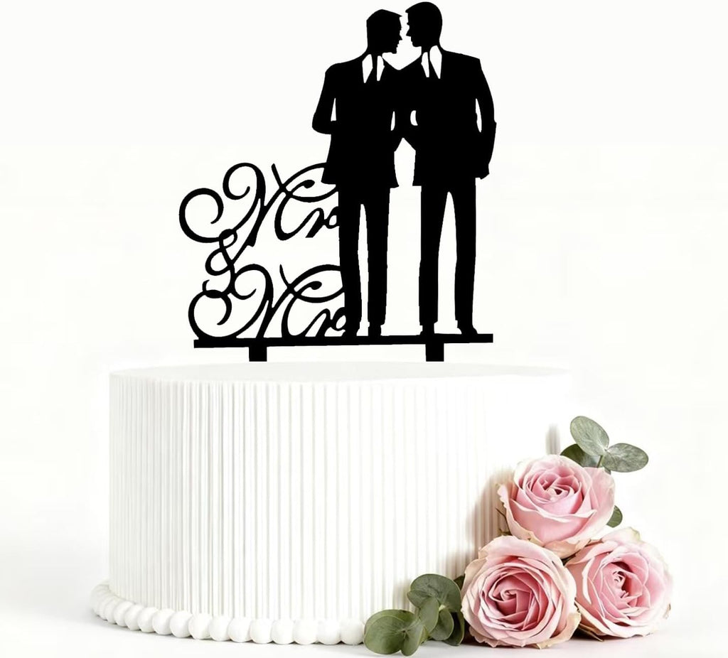 Gay Weddig Cake Toppers Black Acrylic Wedding Decoration Aniversary Party Engagement Gift for Gay Couple, Men Anniversary