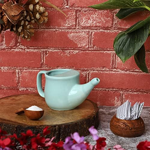HealthGoodsIn Ceramic Neti Pot, Spill Proof with 5 Sachet Neti Salt, Microwave Safe, Holds 250 ML (8.4 FL Oz) (Mint Green)