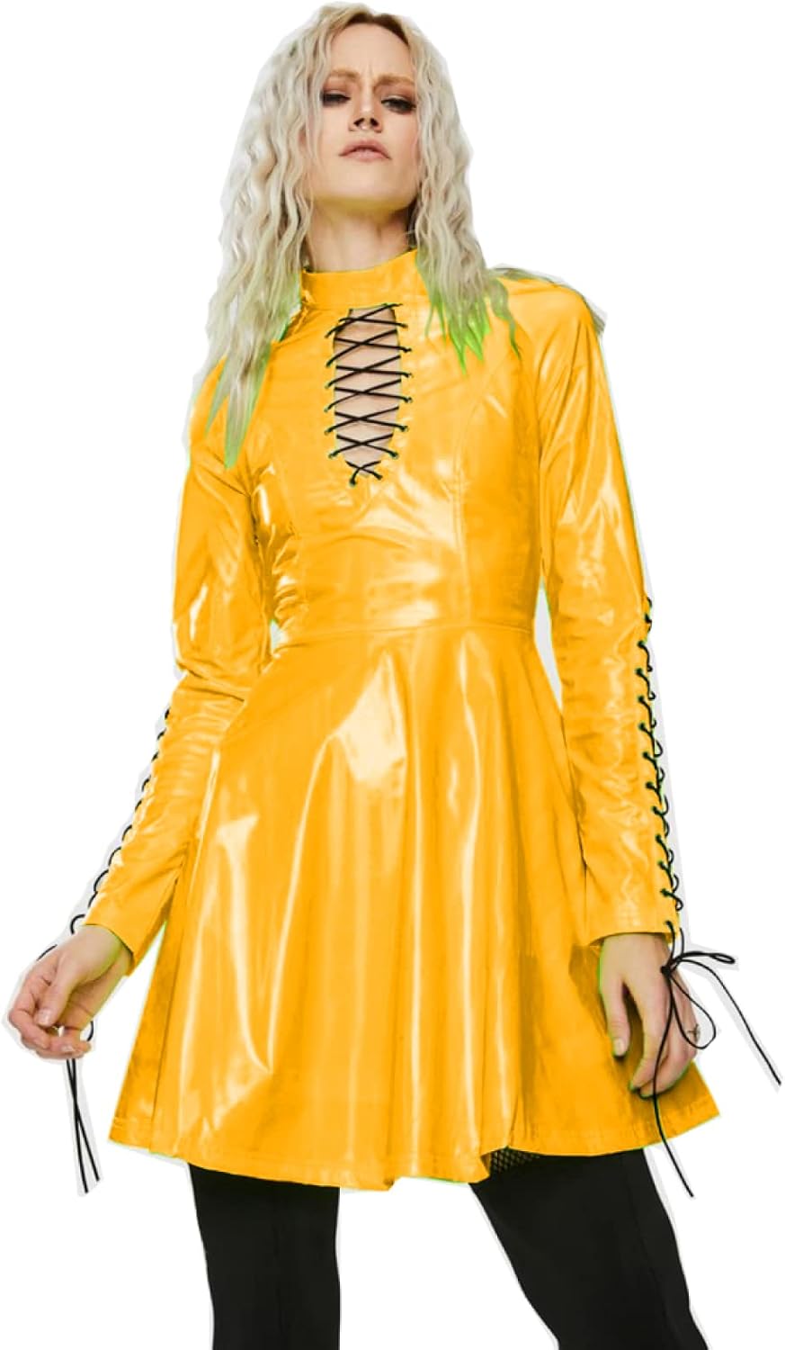 Women PVC Long Sleeve Dress Vinyl Hollow Out A-Line Dress High Waist Above Knee Mini Party Dress,Yellow,XL
