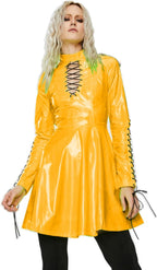 Women PVC Long Sleeve Dress Vinyl Hollow Out A-Line Dress High Waist Above Knee Mini Party Dress,Yellow,XL