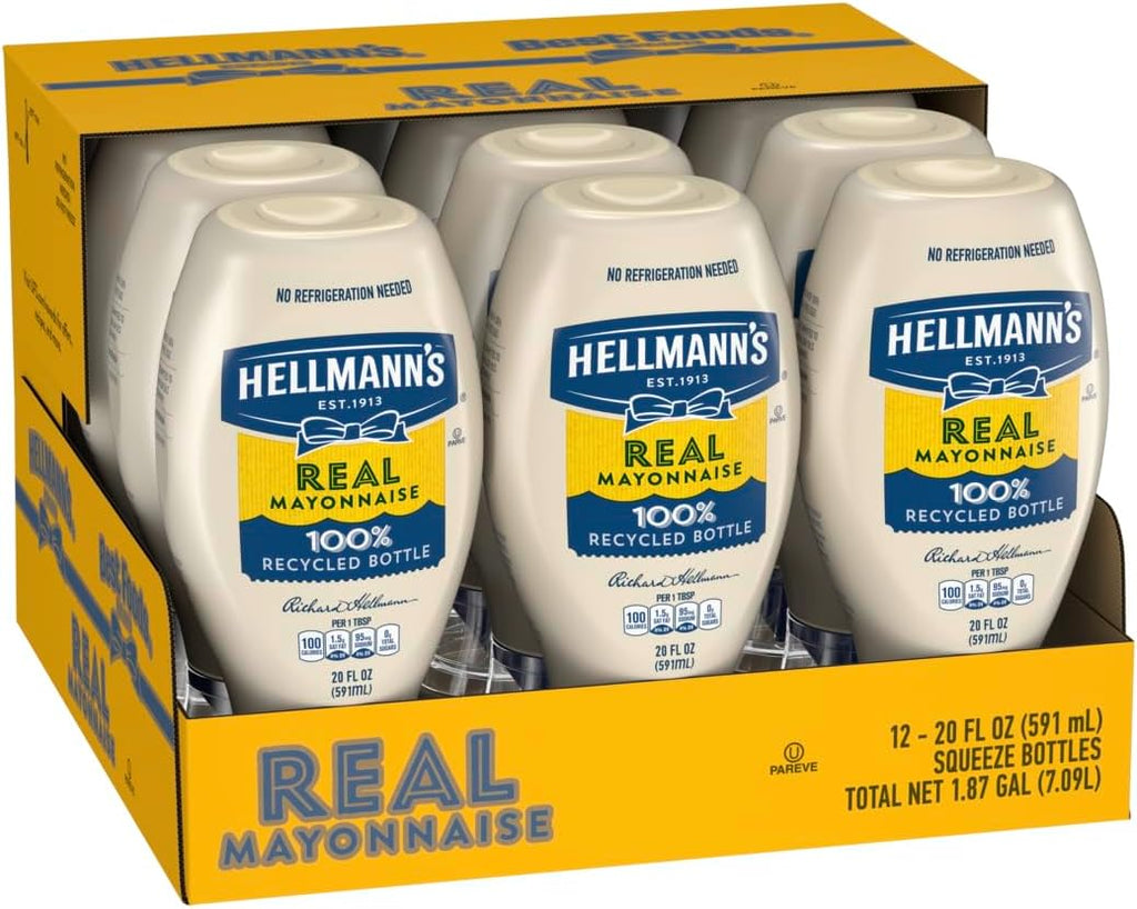 Hellmann's Real Mayonnaise Squeeze Bottle Made from 100% Recycled Plastic, No-Mess Cap, Condiment for Sandwiches, Salads, Mayo Made with Cage Free Eggs, Gluten Free, 20 oz, Pack of 12