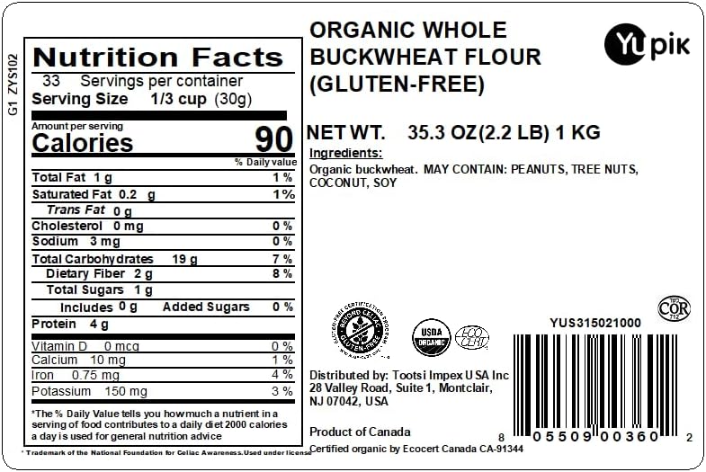 Yupik Organic Ground Buckwheat Flour 2.2 lb (35.2 oz), USDA Certified, Gluten-Free, Raw, Vegan, Kosher, Non-GMO, Finely Ground, Ideal for Baking, Batters, & Cooking