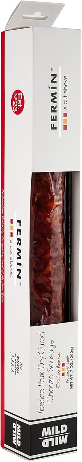 Iberico Chorizo – 7 oz Dry Cured Spanish Sausage – Mild Smoky Flavor – All Natural, Gluten & Lactose Free, No Nitrates or Nitrites Added by Fermin