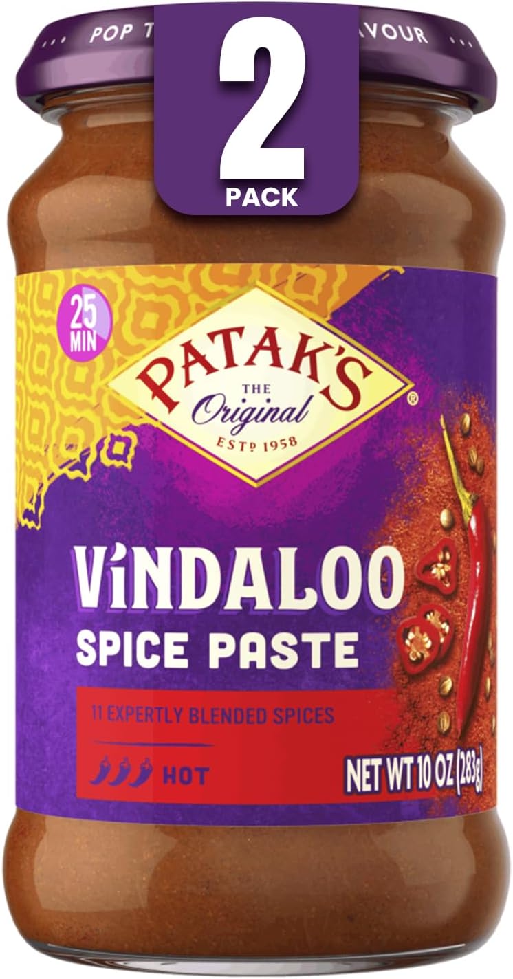 Patak's Vindaloo Spice Paste, Hot Indian Curry with 11 Expertly Blended Spices, Gluten-Free & Vegan, Flavorful Base for Chicken, Seafood, Vegetables & More, 10 oz Jar, 2-Pack