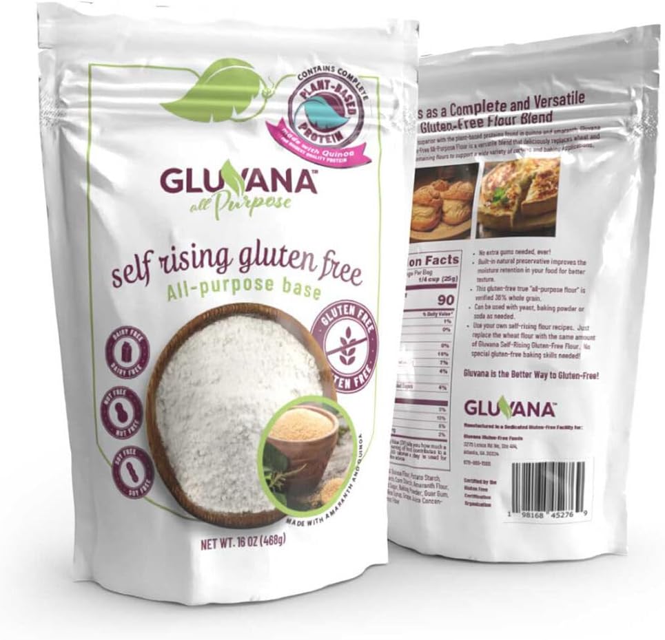 Gluvana Self-Rising Gluten-Free All-Purpose Flour, Amaranth & Quinoa Blend, Nut-Free, Soy-Free & Non-Dairy, GFCO Certified, Kosher, Self-Rising Wheat Flour Substitute, For Baking & Cooking, 16 oz