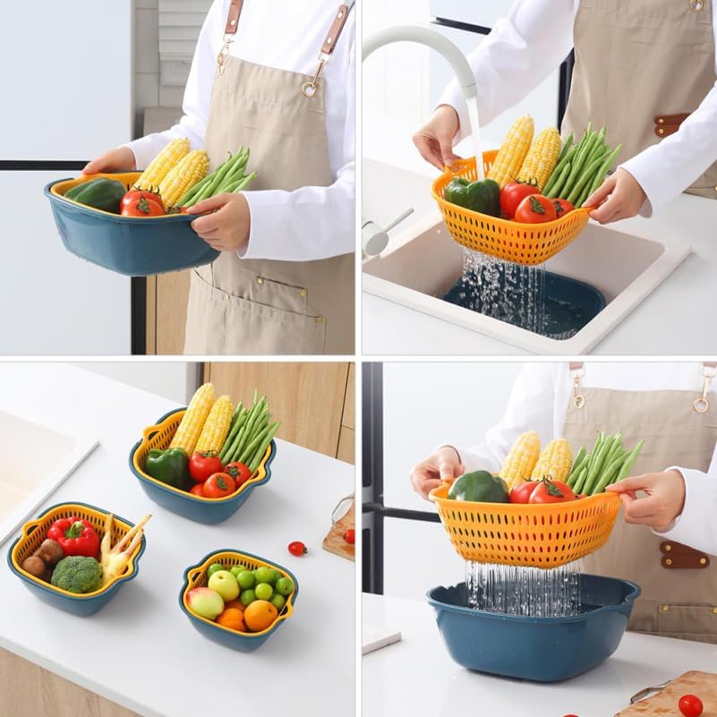 Kitchen Draining Basket Set 6Pcs Double-Layer Fruit Washing Basin and Vegetable Holder Stackable Colanders over Sink Drainer 10.23X9.44X3.93In