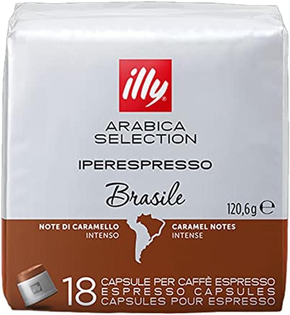 illy Coffee, Arabica Selection Brasile Espresso Capsules, Single Origin, Intense Flavor with Notes of Caramel, For Brewing with iperEspresso Capsule Machines, 18 Count (Pack of 1)