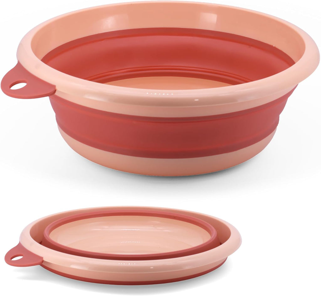 Collapsible Wash Basin Set (2 Pack) - Round Portable Foldable Plastic Basins for Laundry, Travel, Camping - Small & Medium Sizes (Orange)