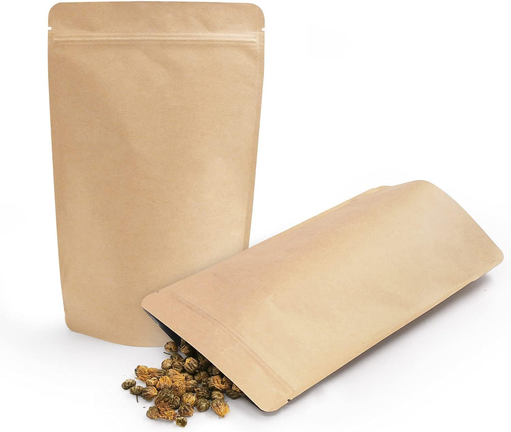SumDirect Kraft Stand Up Pouches - 100 Pack Self-Sealing Zipper Food Storage Reusable Bags with Foil Lined for Home or Business (6X9.4 Inch,100PCS)