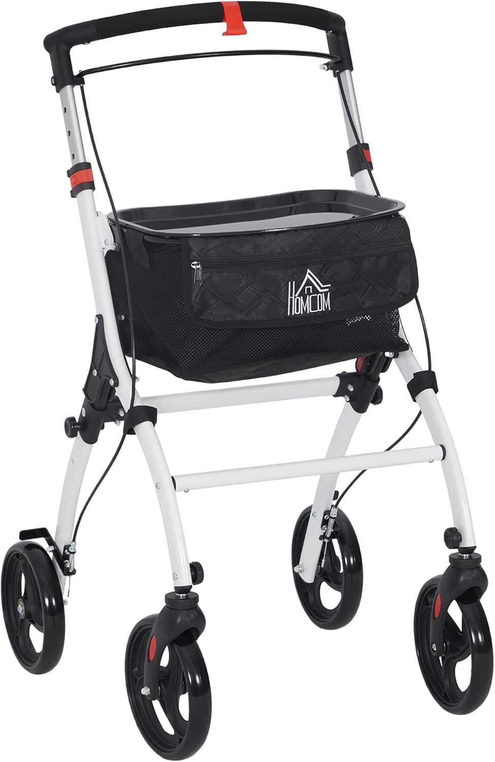 HOMCOM Upright Walker for Seniors for Tall Men, FSA HSA Eligible Rollator Walker Stand Up Walking Aid with Storage Bag, Tray, Dual Brakes, Adjustable Handle Height, White