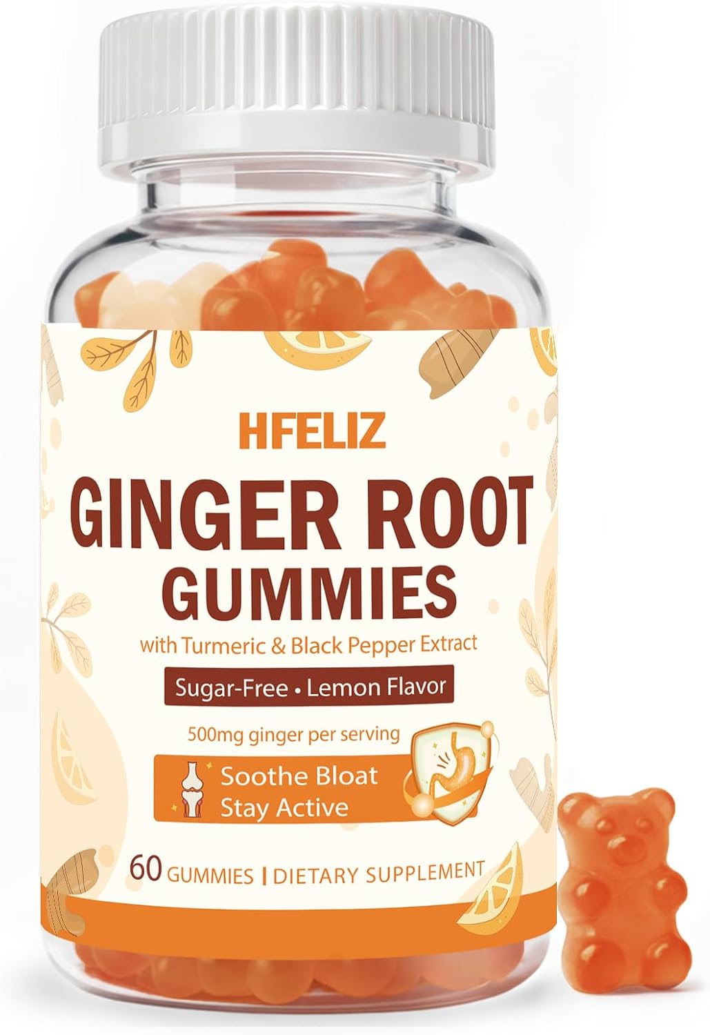 Ginger Gummies 500mg - Turmeric and Ginger Supplement for Digestion, Bloating & Mobility Support - Sugar-Free Lemon Flavor with Black Pepper Extract for Enhanced Absorption, 60 Count