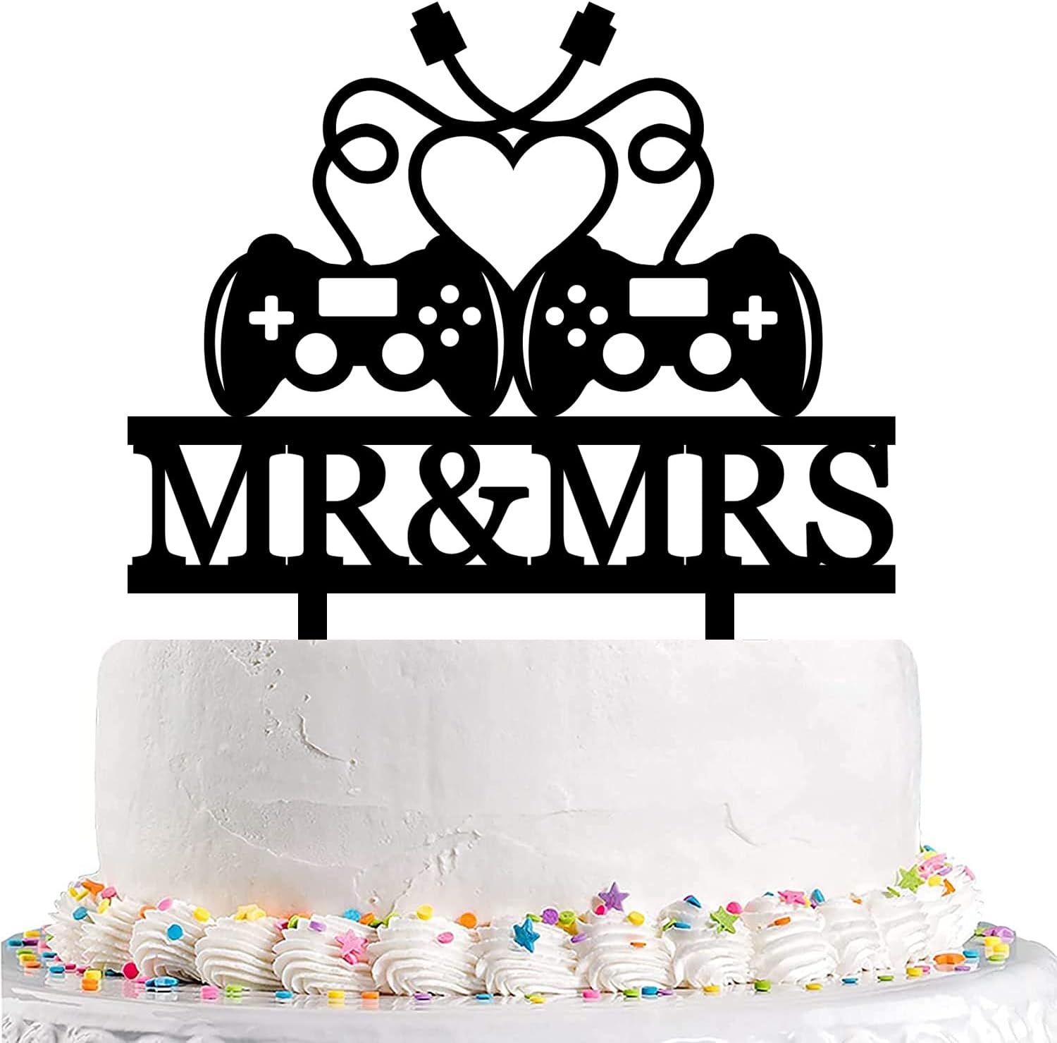 Gamer Couple Wedding Cake Topper - Game Controllers Cake Topper with Heart-Shaped Cable,Romantic Mr&Mrs Topper for Gaming Couples' Bridal Shower Engagement Wedding Anniversary Party Decor