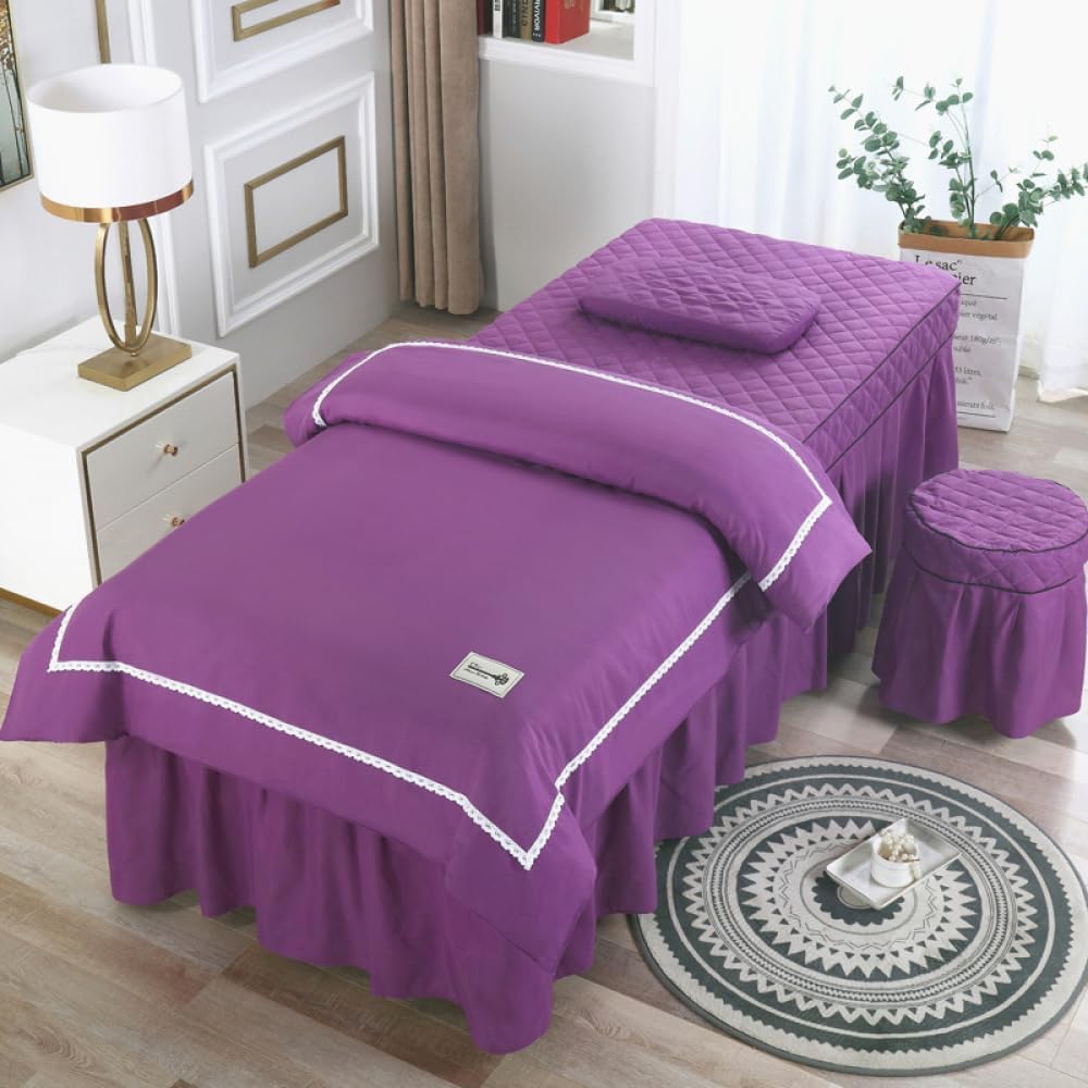 Beauty Salon Bed Cover 4-Piece Massage Table Sheet Set Solid Color Salon Spa Beauty Bedspreads Thick Dustproof Massage Table Skirt Bed Linens Sheets Pillowcase Duvet Cover Sets- Purple||80 * 190cm
