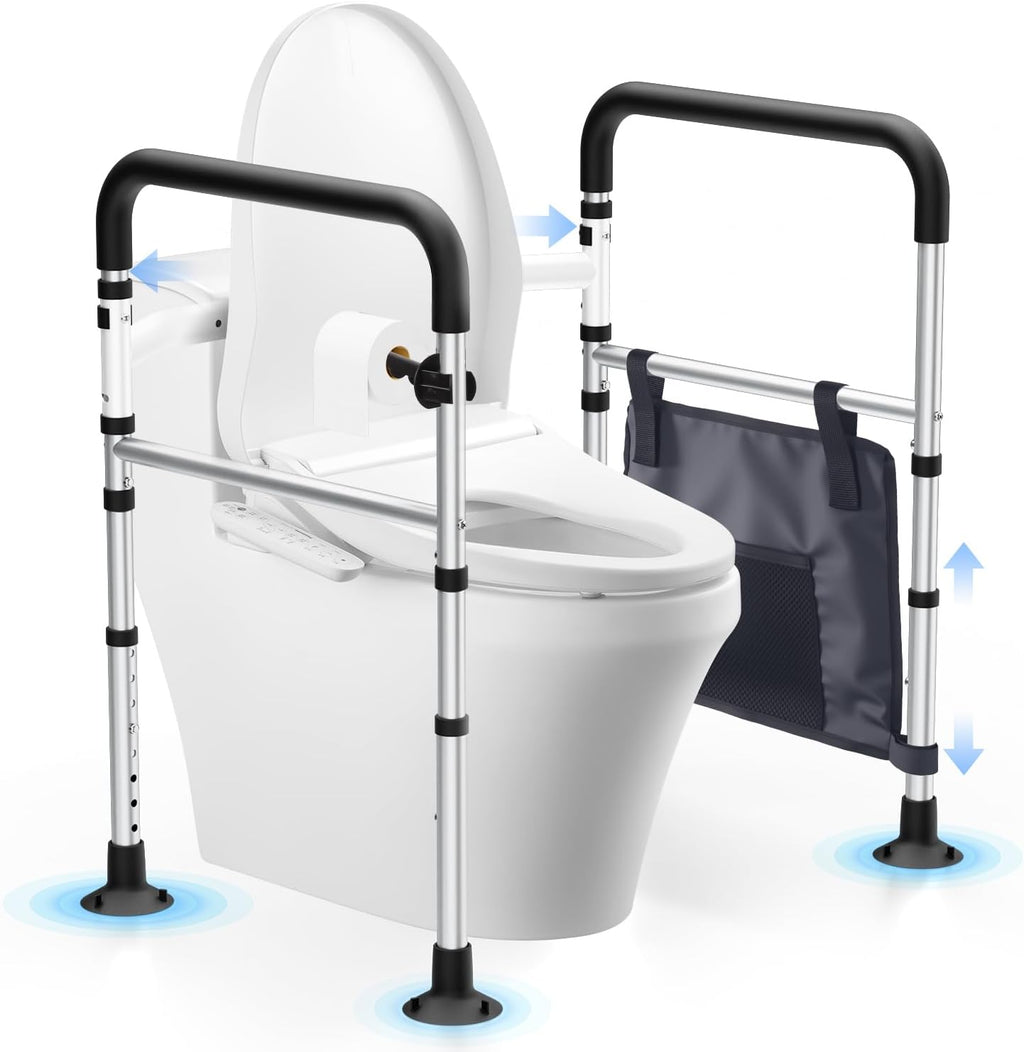 Toilet Safety Rails, Height & Width Adjustable Detachable Toilet Safety Frame for Seniors, Elderly & Disabled, Foldable Handicap Toilet Rails with Handles Storage Bag, Tissue Holder (350LB)
